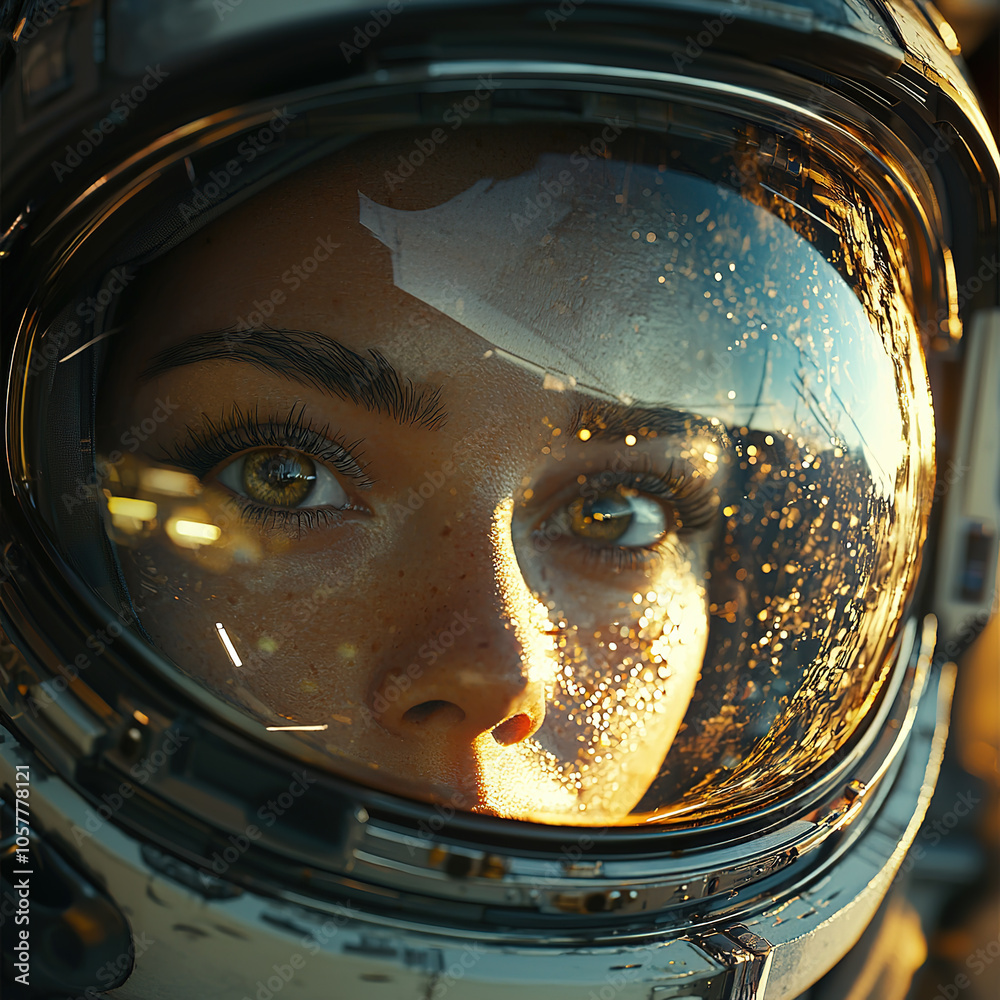 Close-up of a beautiful female astronaut wearing a helmet reflecting the glow of space