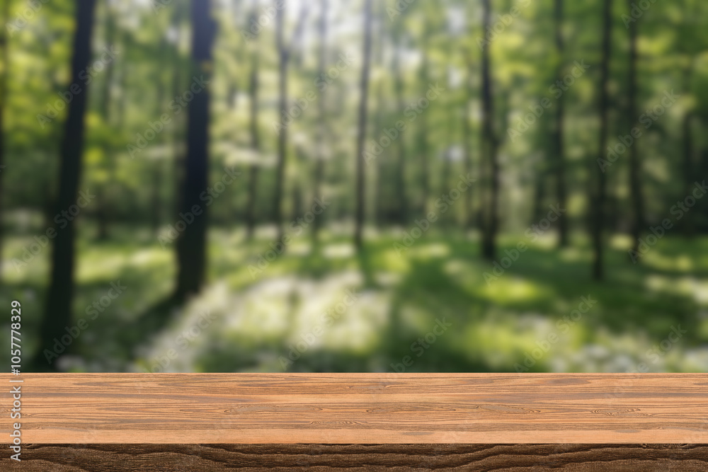 Empty wood table top with blur background of nature lush green forest. The table giving copy space for placing advertising product on the table a long with beautiful green forest nature background. Empty wood table top with blur background of nature lush green forest. The table giving copy space for placing advertising product on the table a long with beautiful green forest nature background.