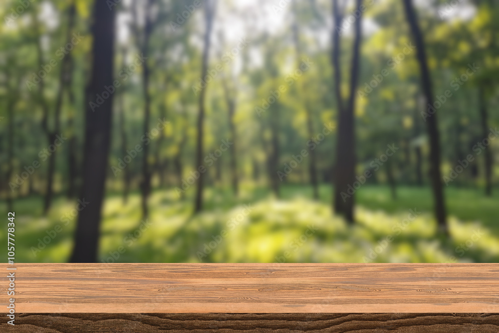 Empty wood table top with blur background of nature lush green forest. The table giving copy space for placing advertising product on the table a long with beautiful green forest nature background. Empty wood table top with blur background of nature lush green forest. The table giving copy space for placing advertising product on the table a long with beautiful green forest nature background.