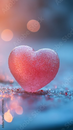A glowing pink heart shaped decoration surrounded by ice crystals on a frosty...