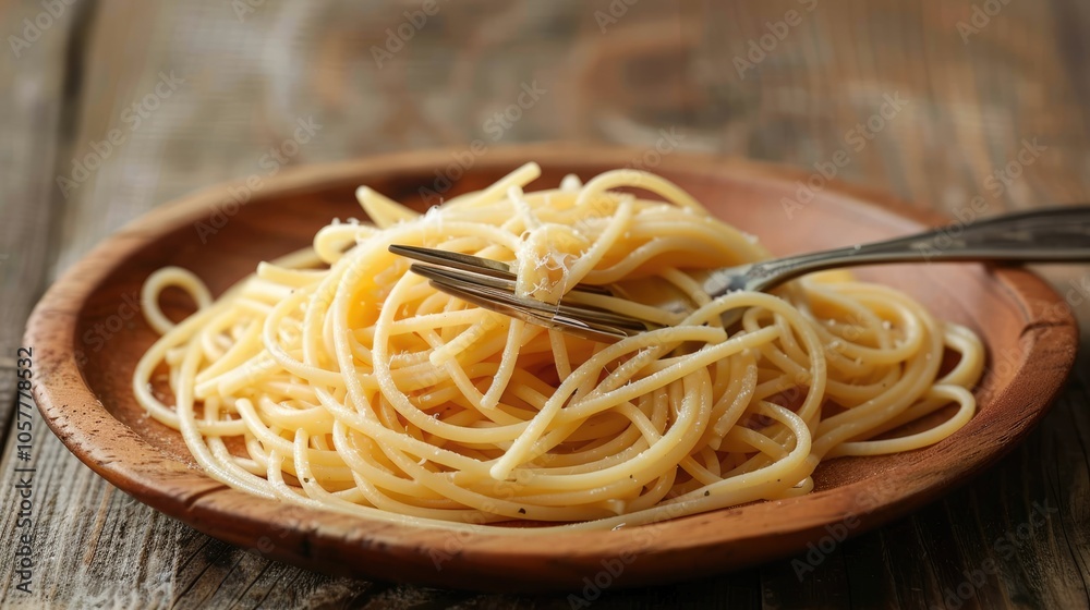 Spaghetti served without sauce on a wooden plate with a fork Spaghetti served without sauce on a wooden plate with a fork
