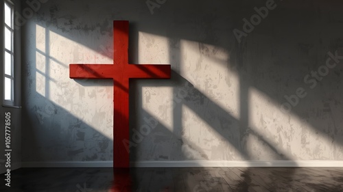 Praying room with red color cross and space with gray wall