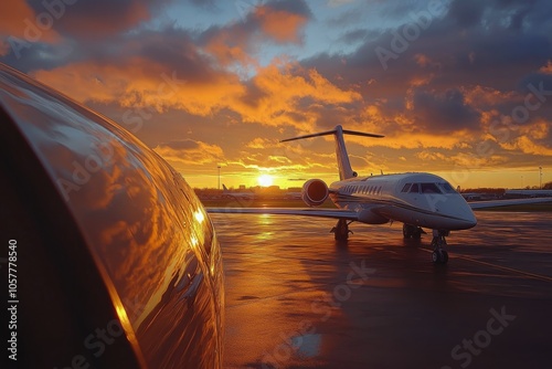 Sunset view from cockpit with small aircraft on runway at airport during gold...