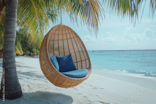 A secluded beach chair swaying gently under palm trees on a sunny tropical shore