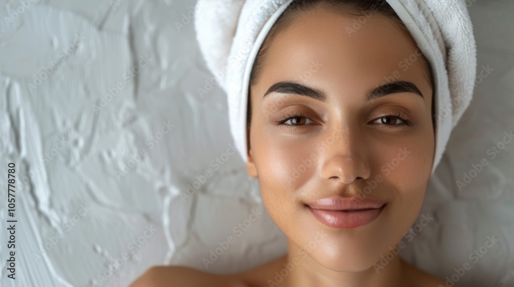 Peaceful woman with perfect skin in spa setting Peaceful woman with perfect skin in spa setting