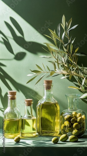 A collection of olive oil bottles displayed on a green surface with natural l...