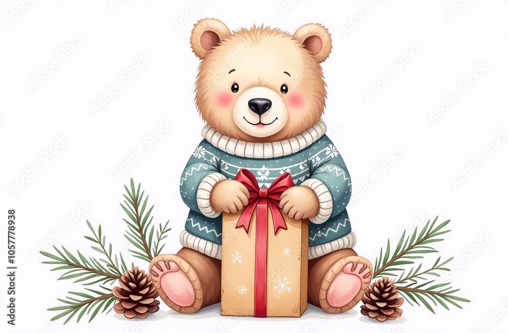 Watercolor drawing, a bear in a New Year's sweater ties a gift with a festive ribbon Watercolor drawing, a bear in a New Year's sweater ties a gift with a festive ribbon