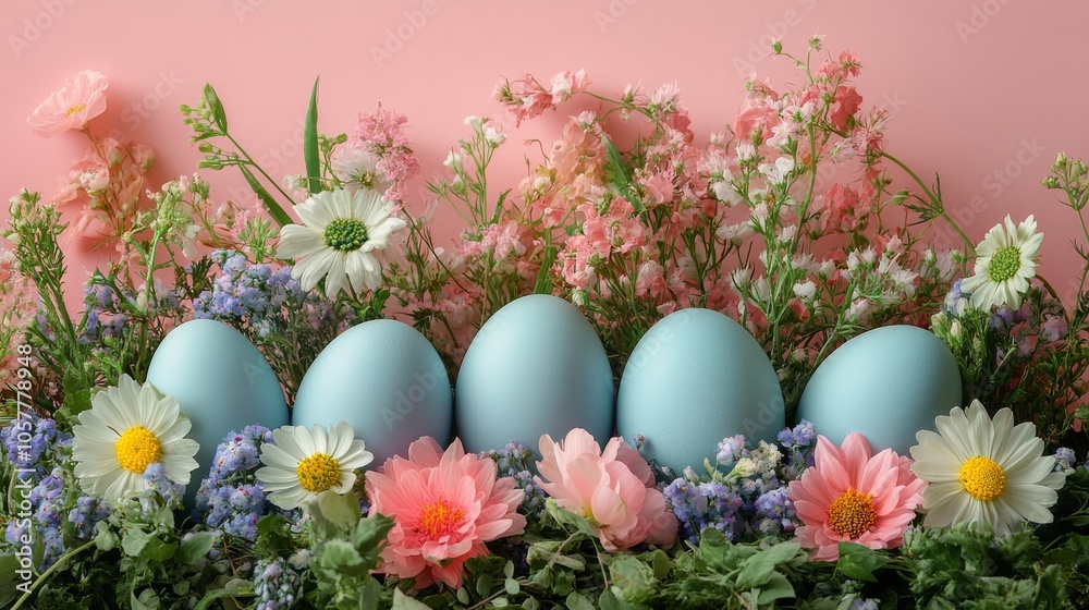 Fototapeta premium Decorative blue eggs arranged on a floral display featuring a variety of spring flowers and greenery