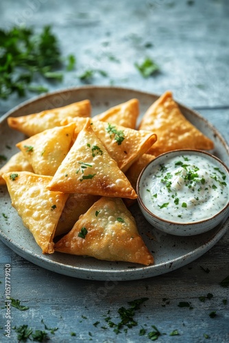 Delicious golden samosas served with a creamy dipping sauce on a rustic plate