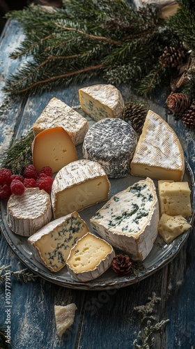 Assorted gourmet cheeses displayed elegantly on a rustic wooden platter with ...