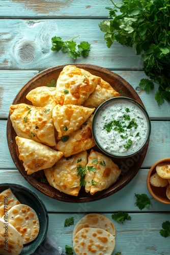 Delicious golden samosas served with a creamy dipping sauce on a rustic plate
