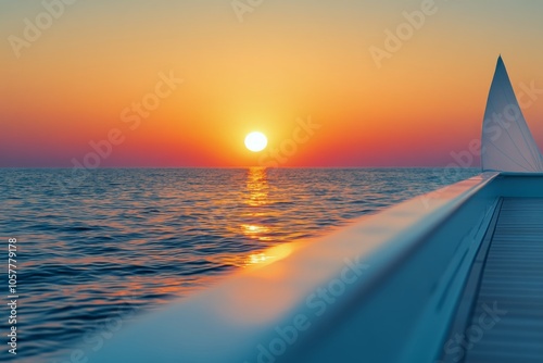 A peaceful sunset over calm waters with a sailboat on the horizon during even...
