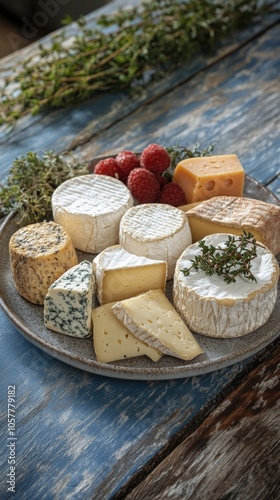 Assorted gourmet cheeses displayed elegantly on a rustic wooden platter with ...
