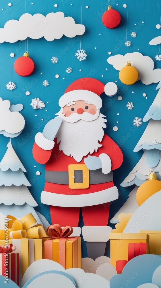Christmas concept in paper craft style vertical pattern featuring santa with tree for mobile user who love festival decoration. Christmas concept in paper craft style vertical pattern featuring santa with tree for mobile user who love festival decoration.