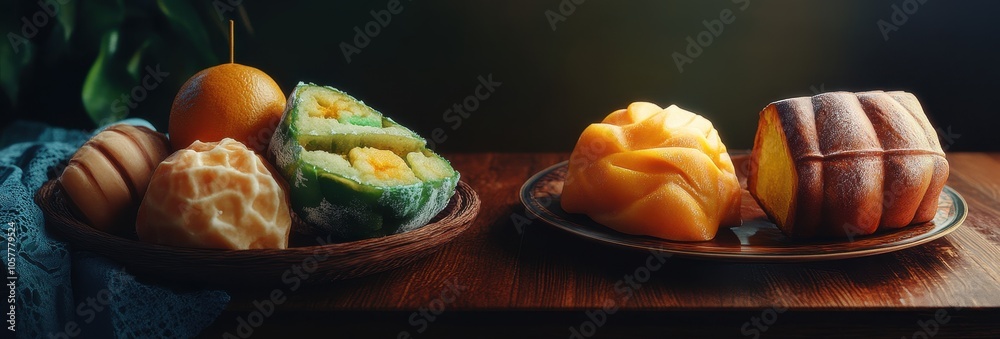 Assortment of sweet treats, including a green cake and a yellow one, arranged on a wooden table. Assortment of sweet treats, including a green cake and a yellow one, arranged on a wooden table.