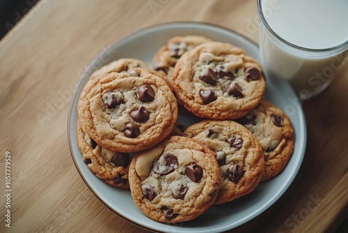 Freshly baked chocolate chip cookies on a wooden table with a glass of milk