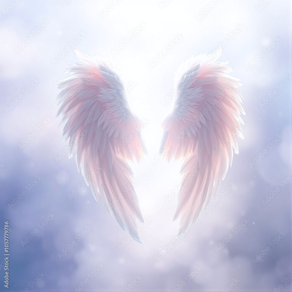 Ethereal angel wings illuminated by soft light in a dreamy atmosphere Ethereal angel wings illuminated by soft light in a dreamy atmosphere