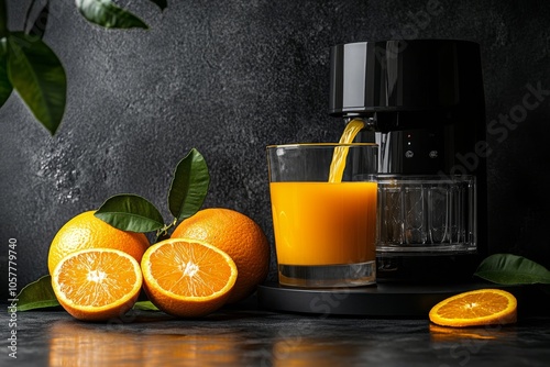Freshly squeezed orange juice served with ripe oranges on a dark kitchen coun...