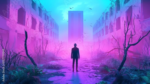 A mysterious silhouette stands in a futuristic, neon-lit landscape, surrounded by ruins and vibrant colors, creating an ethereal atmosphere.