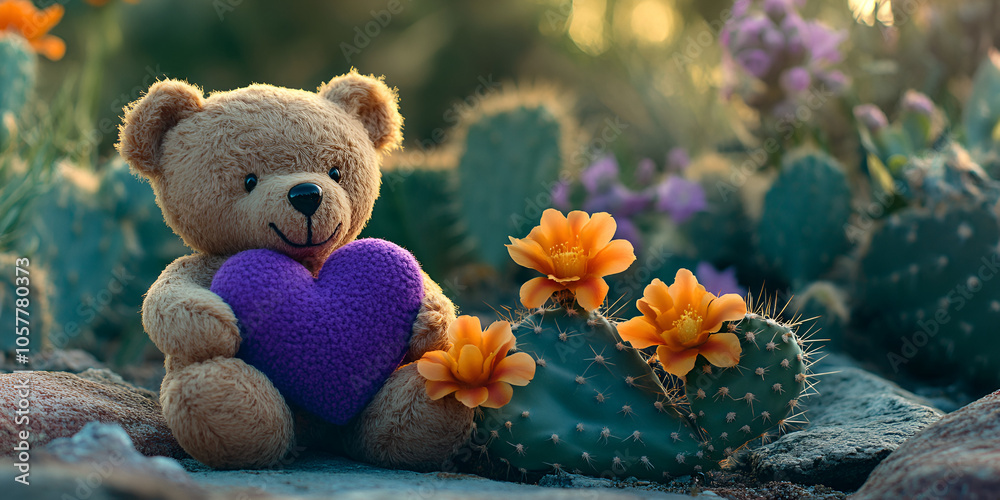 Teddy Bear Sitting on a Cactus Holding a Purple Heart in Desert Setting