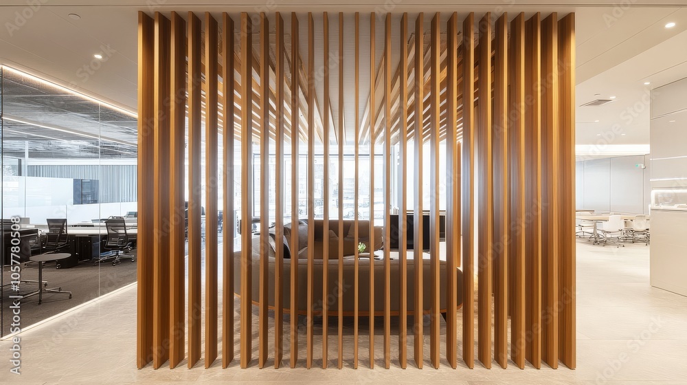 Fototapeta premium Wooden slats serve as effective partitions in various spaces.