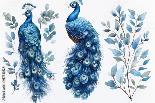 A vibrant illustration of peacocks surrounded by leaves in various shades of blue.