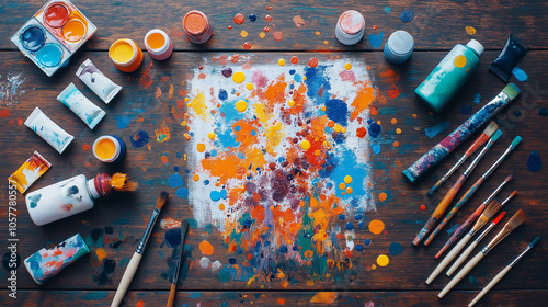 Artistic Mess: A vibrant flat lay showcasing colorful paints, brushes, and a canvas splattered with bright hues on a dark wooden surface.  A creative explosion captured in a single image.  photo