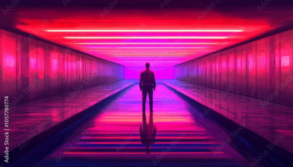 A lone figure stands in a neon-lit corridor, bathed in a vibrant pink and purple glow. The reflective floor creates a mirror effect, doubling the intensity of the lights. A lone figure stands in a neon-lit corridor, bathed in a vibrant pink and purple glow. The reflective floor creates a mirror effect, doubling the intensity of the lights.