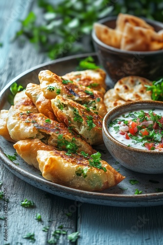 Delicious golden samosas served with a creamy dipping sauce on a rustic plate