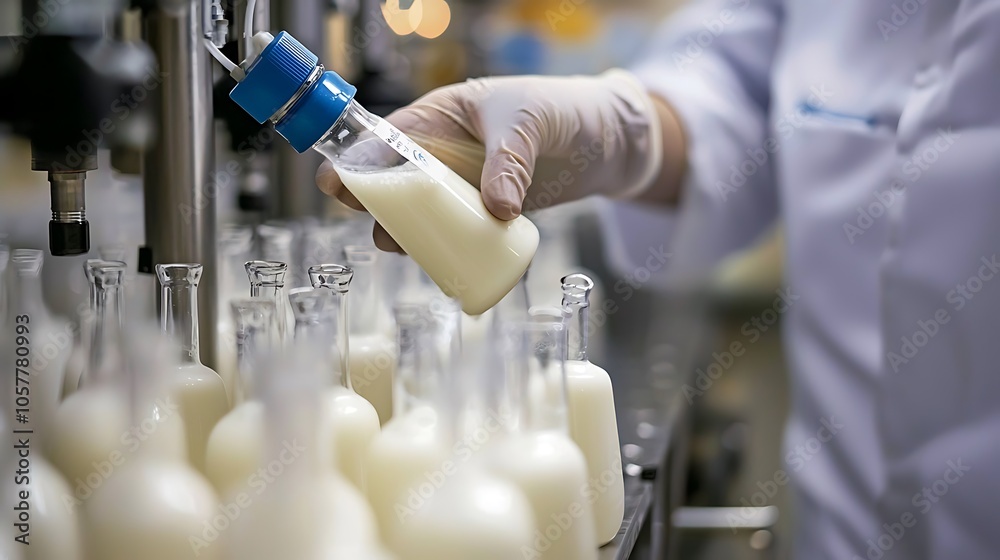 Food scientist testing milk samples of dairy products in the laboratory. Researchers are looking at the stratification of milk. Food scientist testing milk samples of dairy products in the laboratory. Researchers are looking at the stratification of milk.