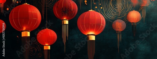 Elegant hanging red lanterns illuminate the dark night sky, creating a vibrant and traditional festival atmosphere.