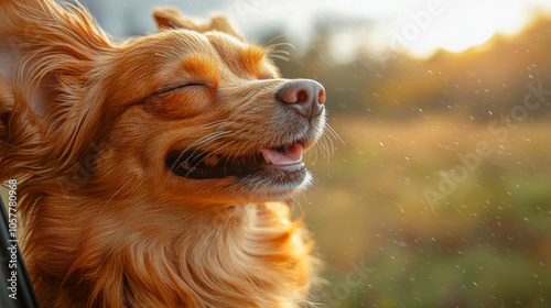 A close-up of an adorable fluffy dog gazing out of a car window photo