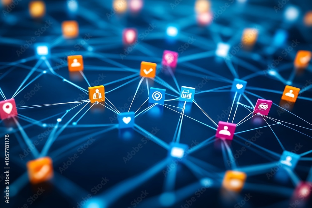 Abstract Network of Interconnected Icons and Data Abstract Network of Interconnected Icons and Data