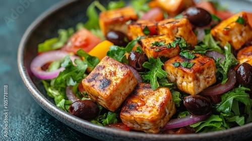 Fresh salad with grilled tofu, olives, tomatoes, and greens served in a dark ...