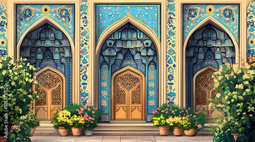 Islamic muslim arabian mosque style pattern background. Ancient Persian Garden. Illustration