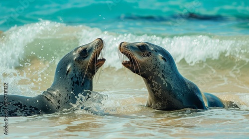 Playful sea lions frolicking in the surf with a backdrop of sandy beach and tranquil, azure waters.