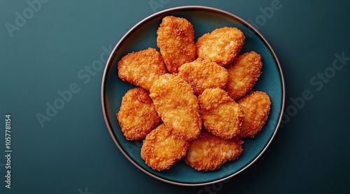 Crispy golden chicken tenders arranged on a dark plate for a delicious meal o...