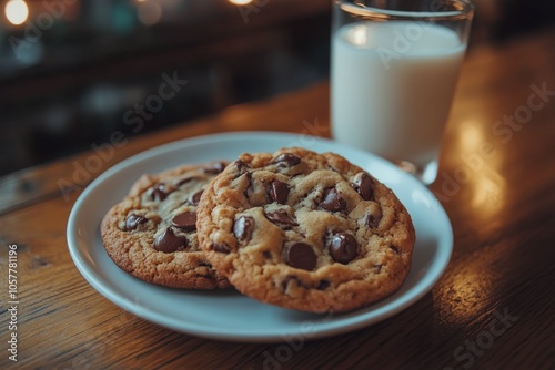 Freshly baked chocolate chip cookies on a wooden table with a glass of milk