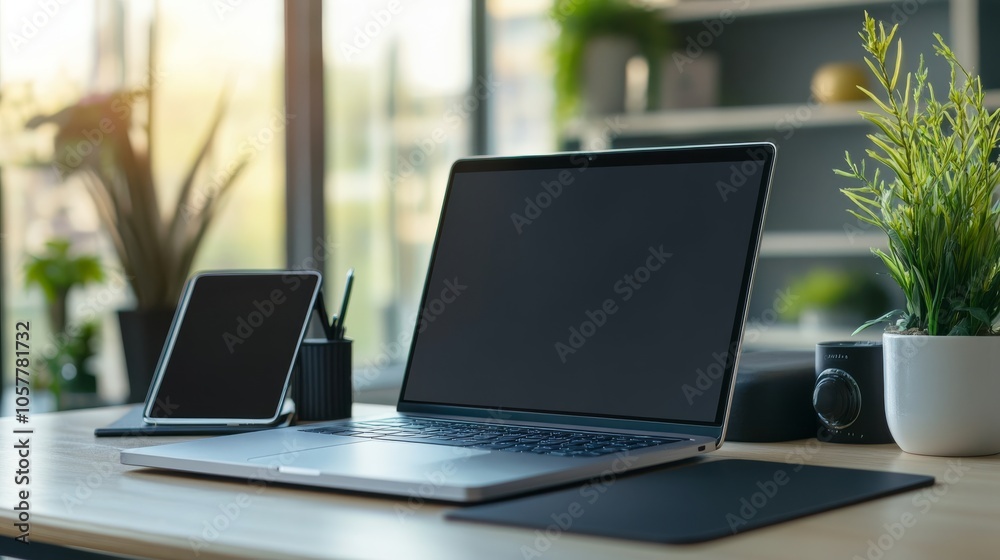 Professional workspace monitor laptop tablet smartphone on desk with free space Professional workspace monitor laptop tablet smartphone on desk with free space