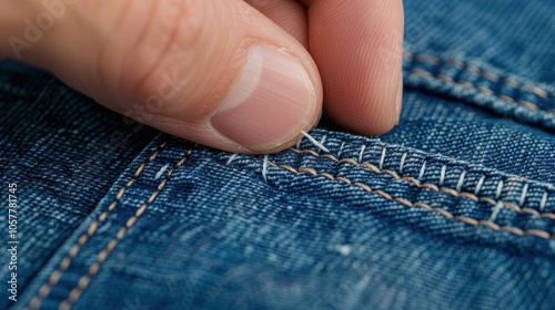 Close-up of finger inspecting stitching on blue denim fabric photo