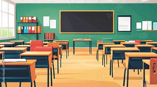 School classroom in flat vector design, showing desks in rows, chalkboard, and learning space