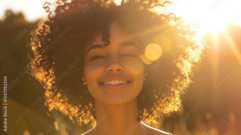 Radiant young woman with curly hair, sunlit background, cheerful expression Radiant young woman with curly hair, sunlit background, cheerful expression
