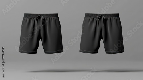 Two black shorts with drawstring on a grey background.