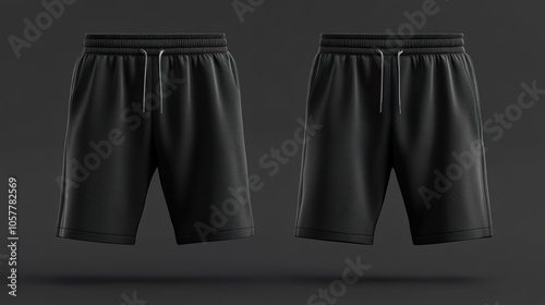 Two black sweatpants shorts with drawstrings on a grey background.