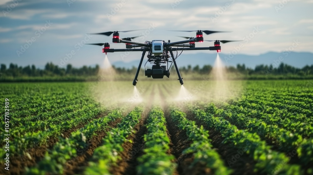 Drones spray water and nutrients over large farmland, demonstrating the efficiency and precision of modern farming technology. Drones spray water and nutrients over large farmland, demonstrating the efficiency and precision of modern farming technology.