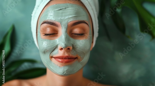 Relaxed woman using facial mask