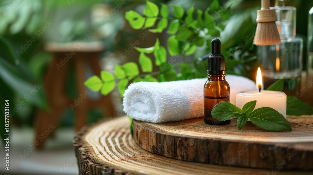 Relaxing spa composition with essential oil, white towel, and candle on natural wood Relaxing spa composition with essential oil, white towel, and candle on natural wood