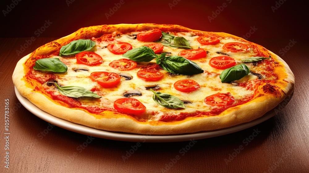 Traditional Neapolitan pizza with melted cheese, ripe tomatoes, and basil on a wooden table Traditional Neapolitan pizza with melted cheese, ripe tomatoes, and basil on a wooden table