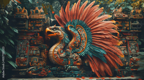 Mayan god kukulkan ( the feathered serpent god, similar to the aztec god quetzalcoatl. kukulkan was associated with wind and rain). Aztec Temple Ceremony. Illustration photo