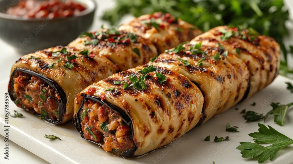 Grilled vegetable rolls filled with savory goodness, garnished with fresh herbs Grilled vegetable rolls filled with savory goodness, garnished with fresh herbs